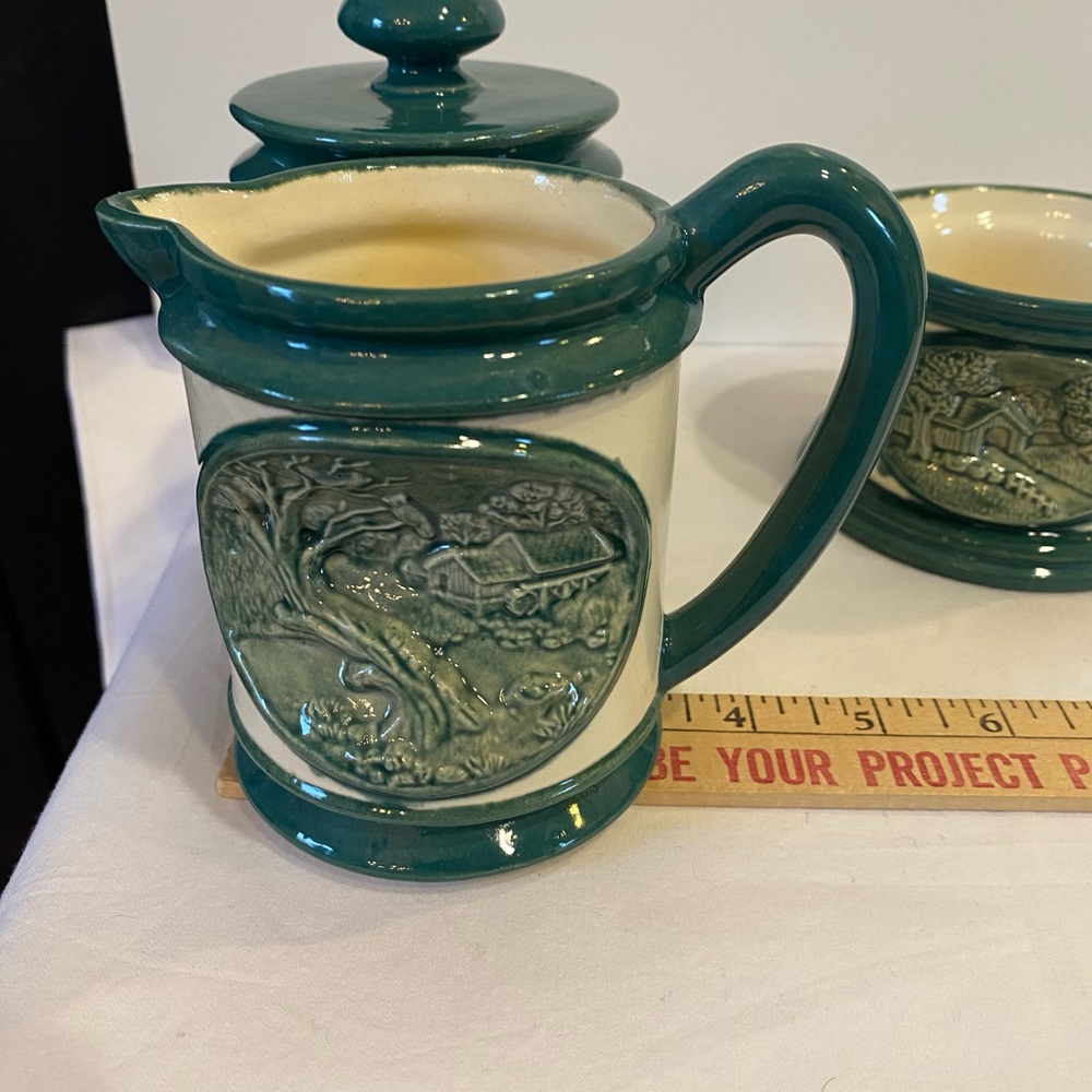 Vintage Hersey 1981 3pc Green White Glazed Ceramic Handcrafted Creamer Sugar Set - Picture 14 of 16